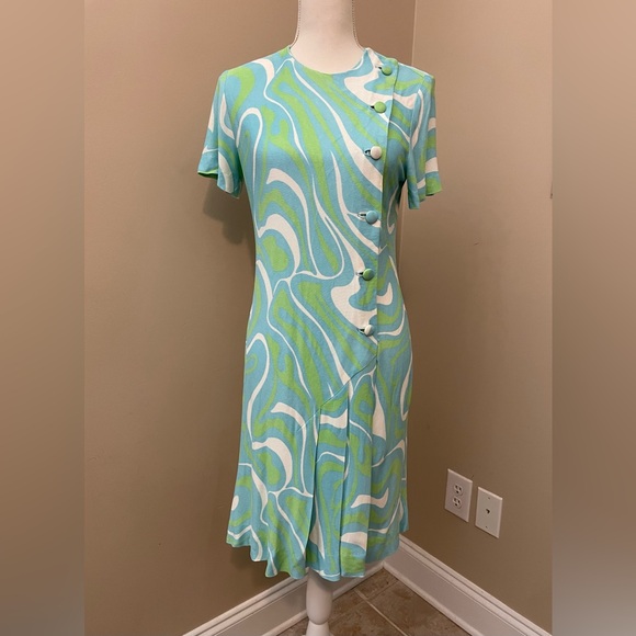 Vintage 1970s Mod-Style Geometric Swirl Dress by Wynette Button Front Size S - Picture 1 of 5